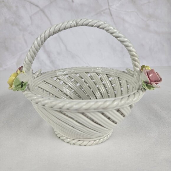 Nuova Capodimonte Porcelain Basket with Pink & Yellow Flowers Vintage Italy - Picture 1 of 14